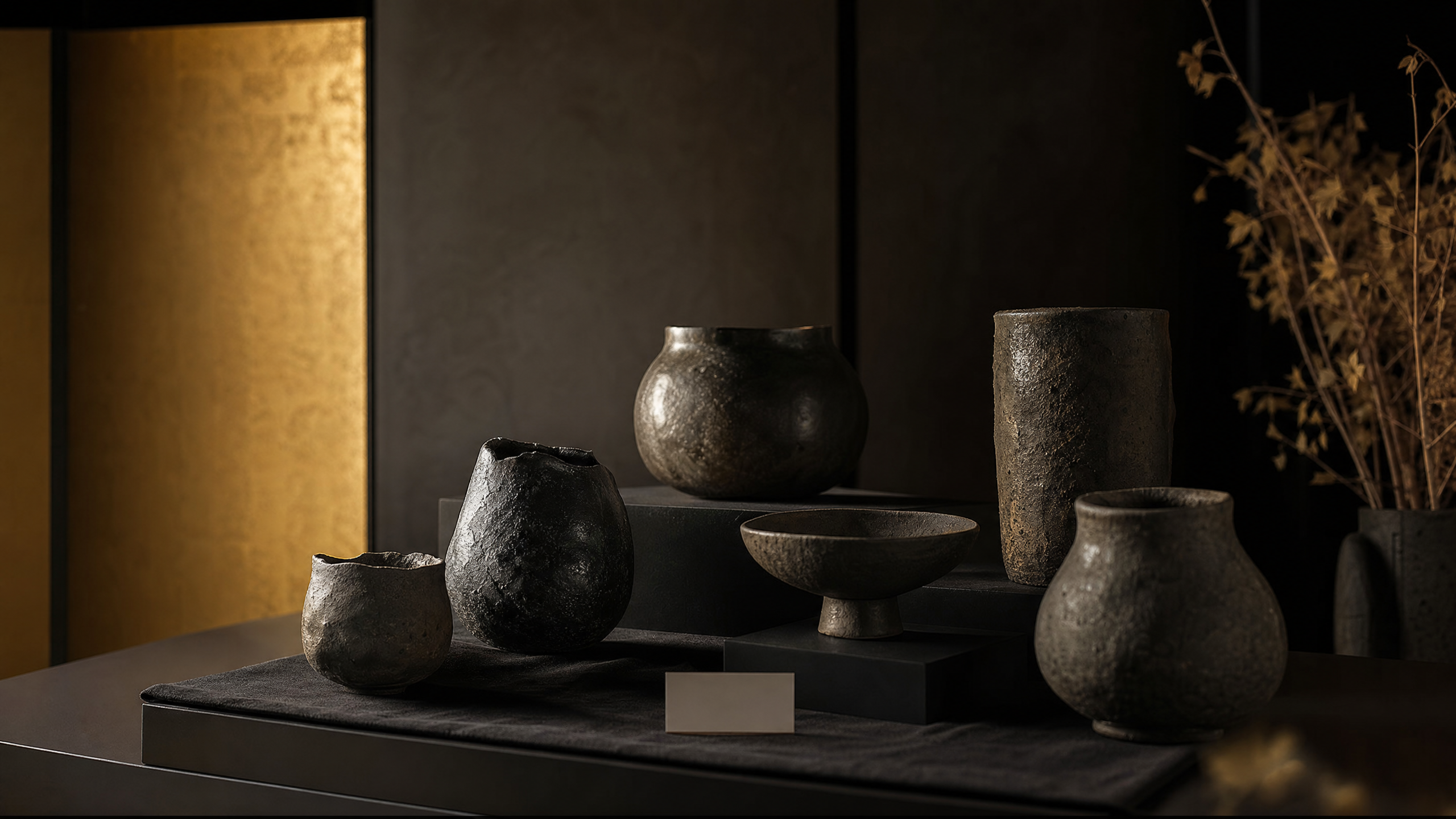 AI-generated black Japanese ceramic vessels in a gold-lit gallery setting