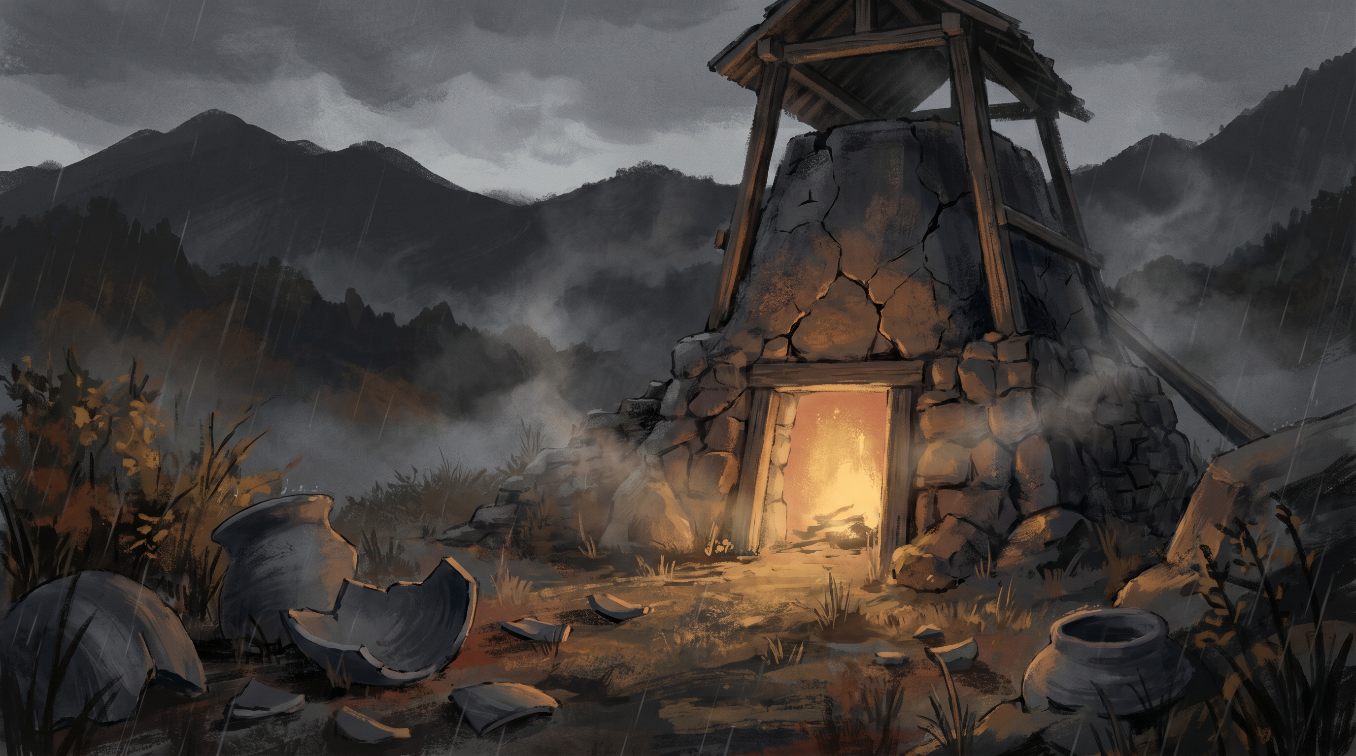 A traditional Japanese pottery kiln on the Noto Peninsula at dusk, partially damaged but glowing with warm light