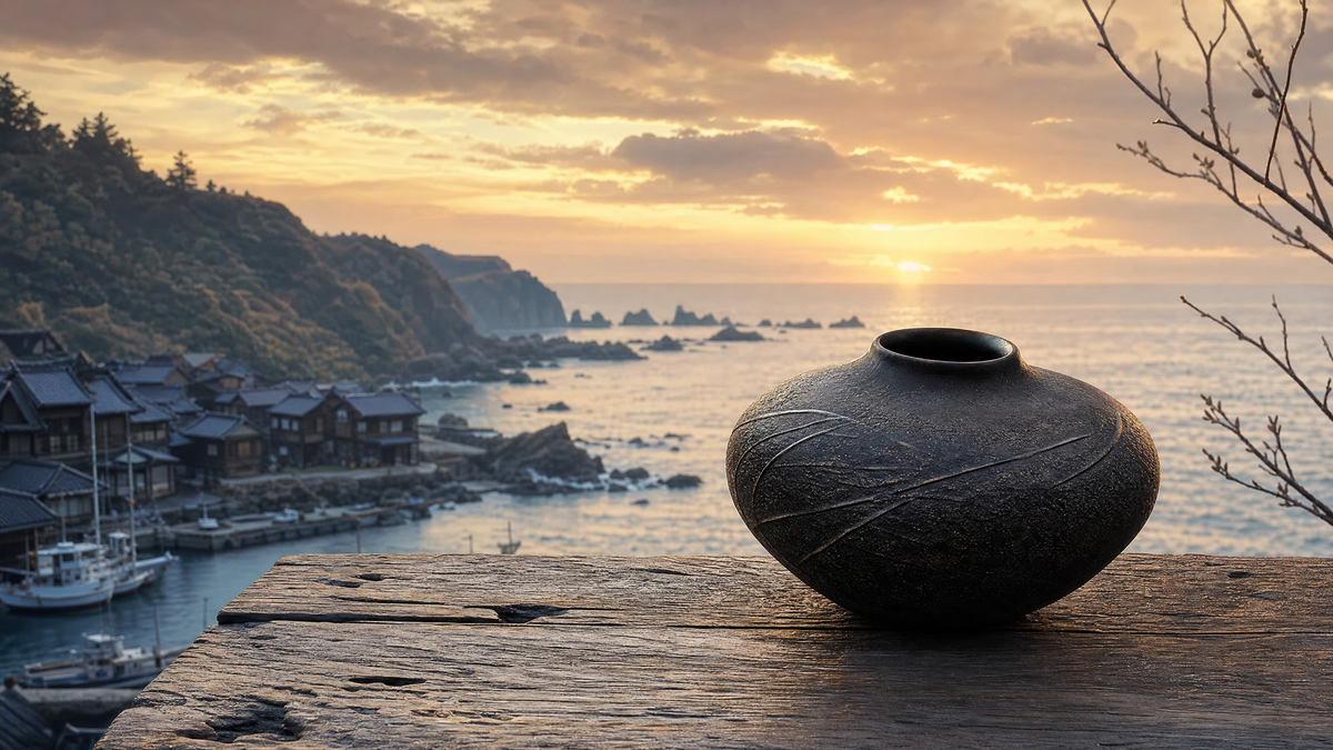 AI-generated coastal vision of Suzu City with black unglazed pottery