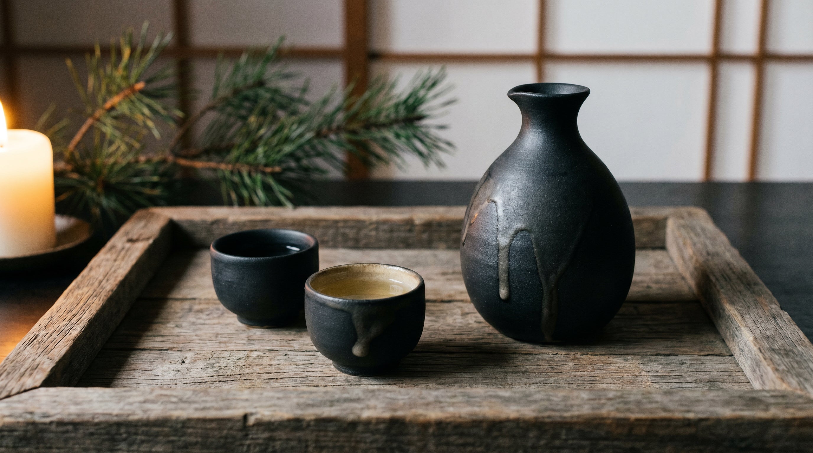 Suzu-yaki sake set with tokkuri and ochoko on a wooden tray