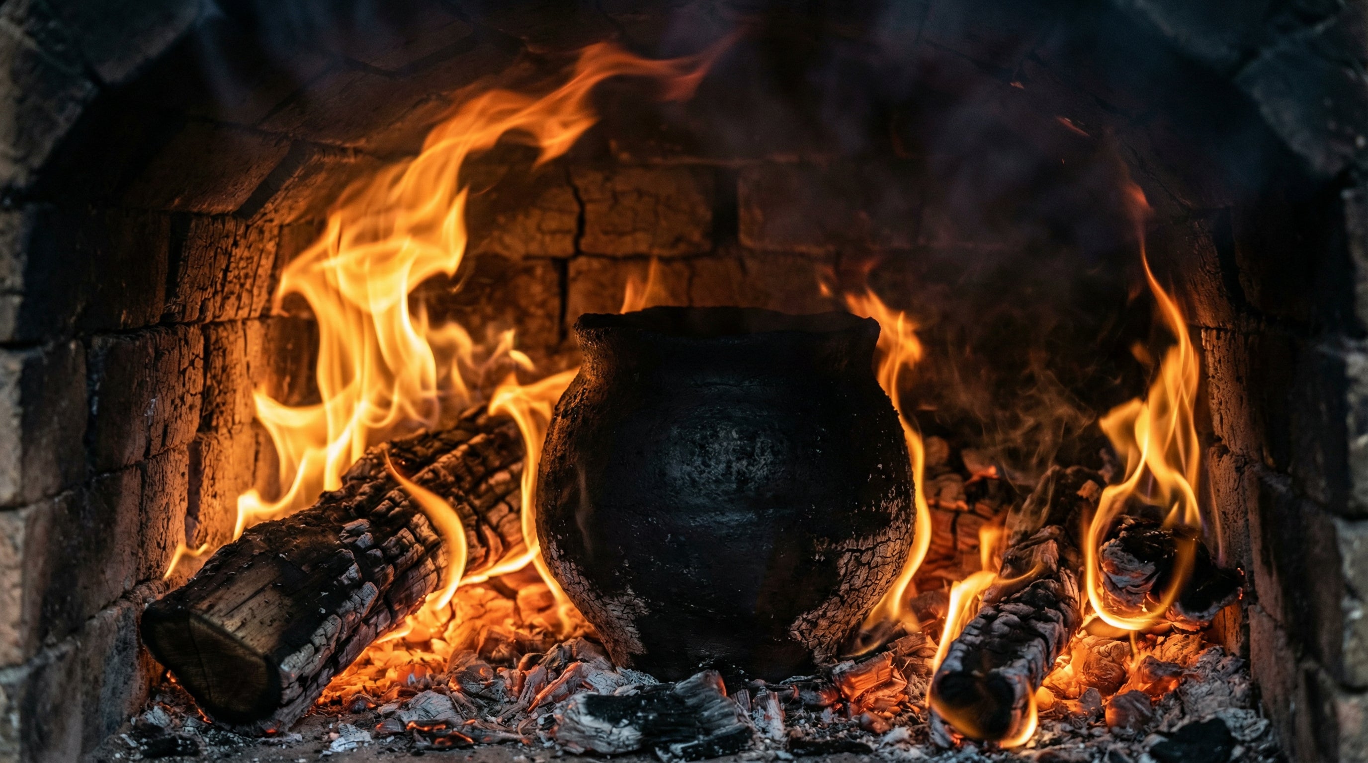 A black pottery vessel being fired in a glowing wood-fired kiln