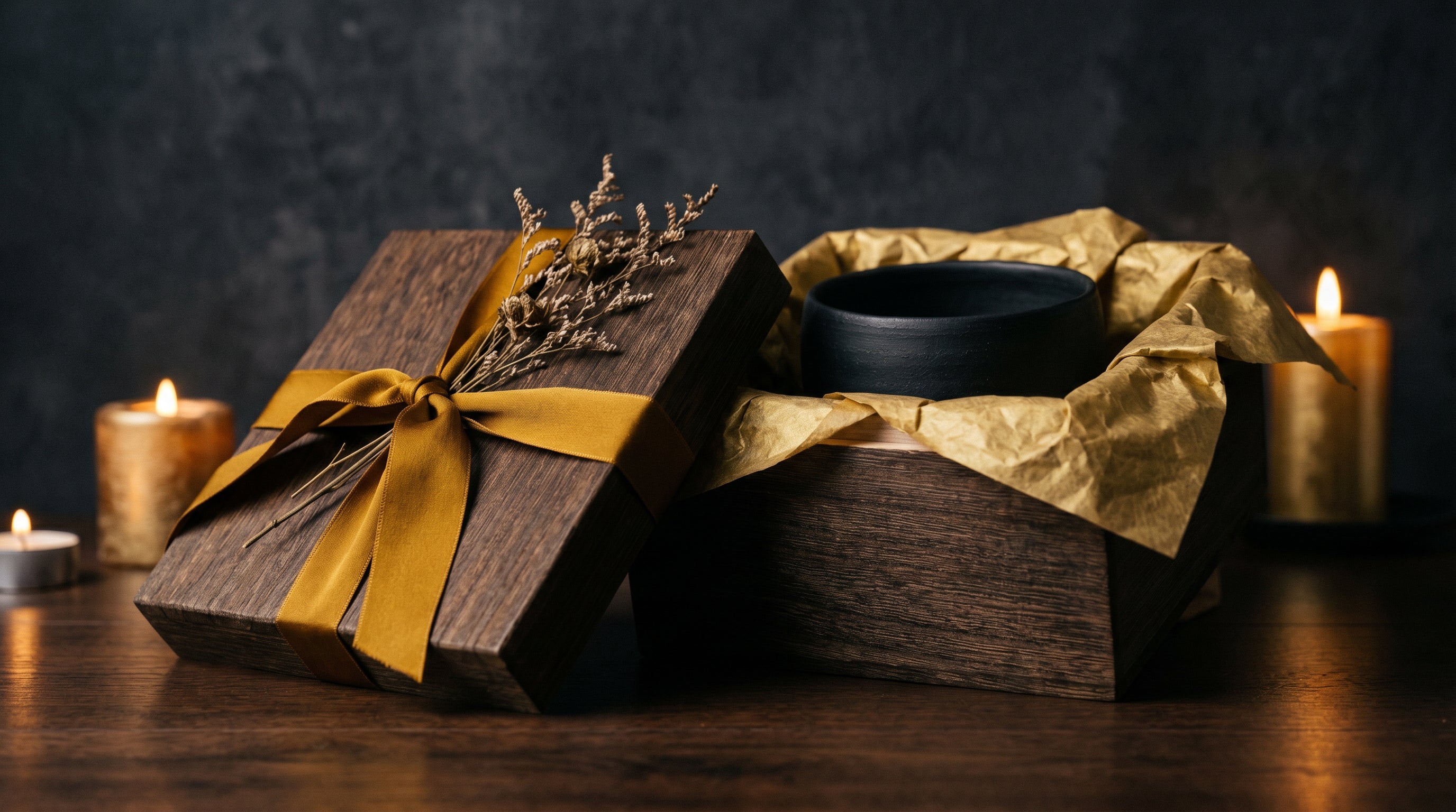 A beautifully wrapped Japanese luxury gift box containing a handmade black unglazed stoneware tea bowl