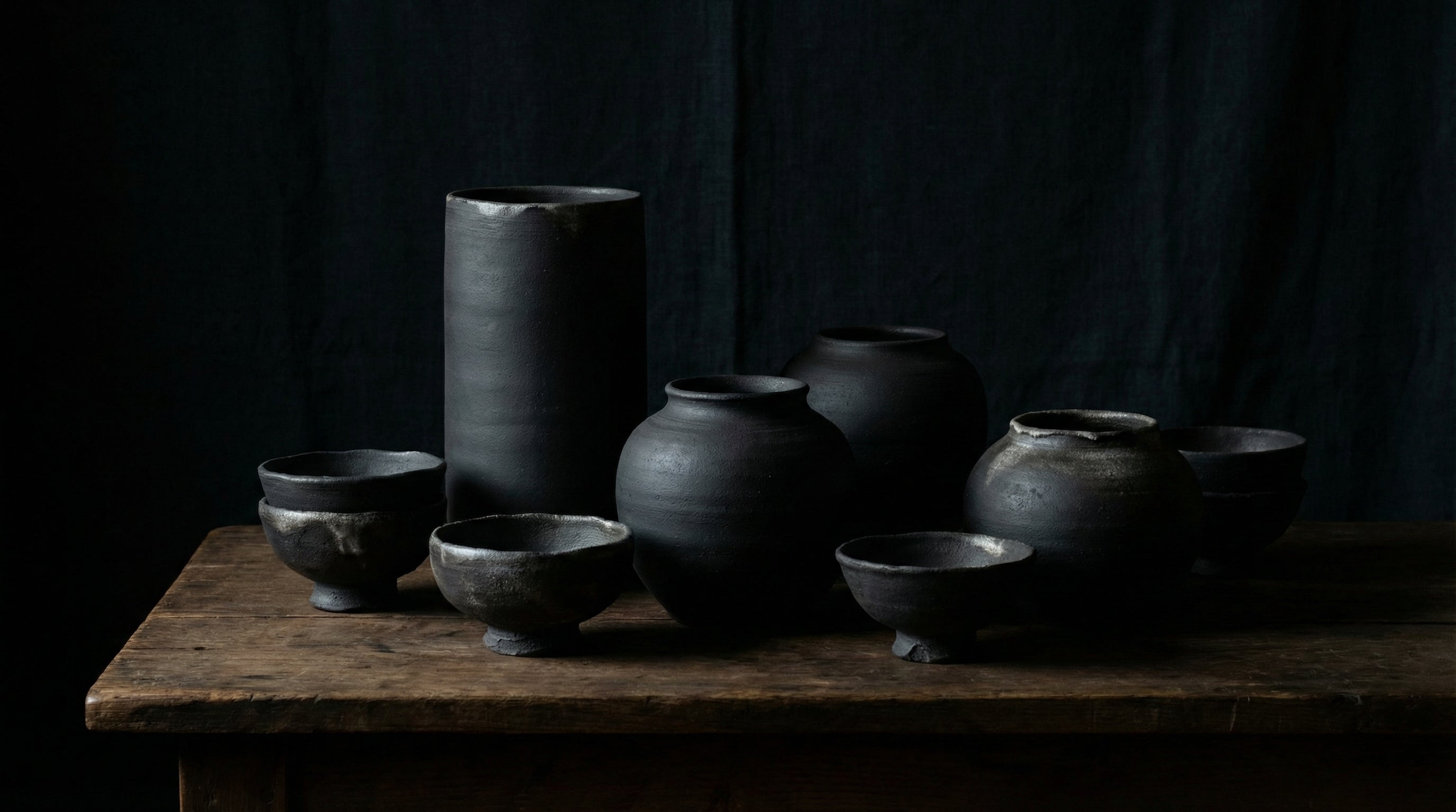 A collection of elegant revived Suzu-yaki black pottery pieces