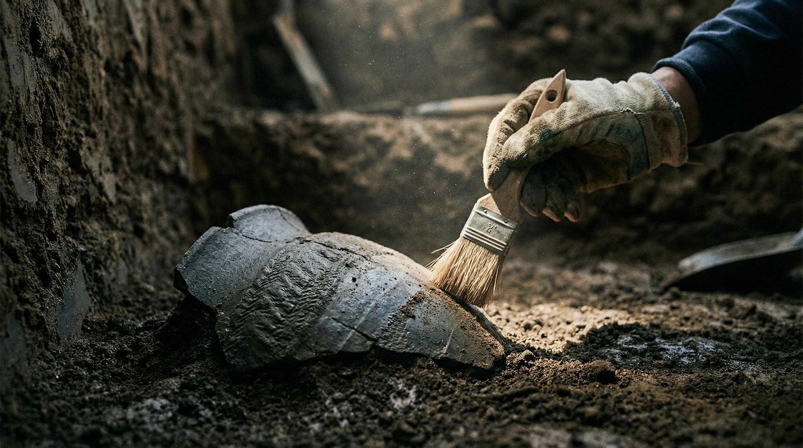 An archaeological photo showing a researcher uncovering a dark pottery shard