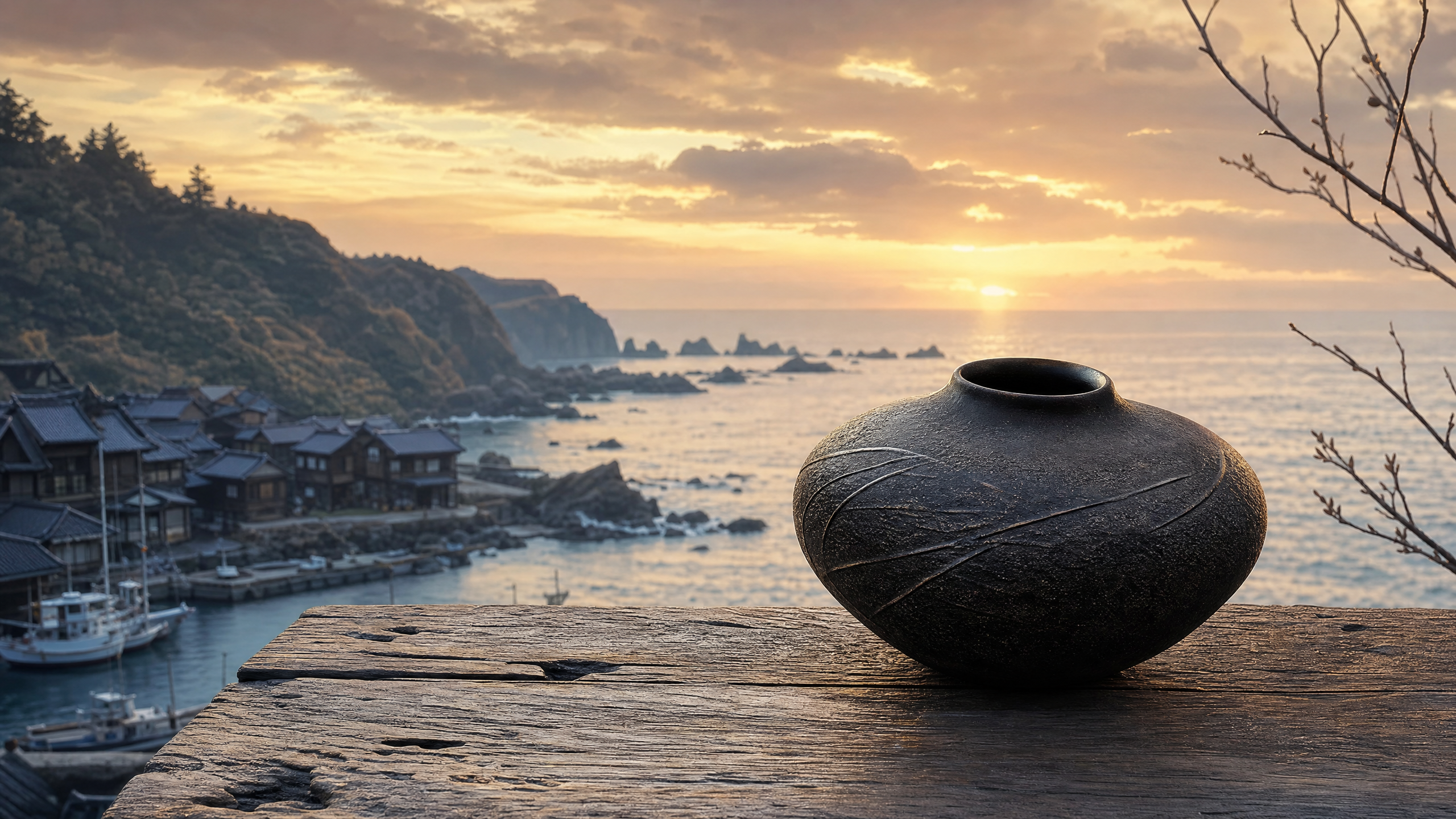 AI-generated coastal vision of Suzu City with black unglazed pottery