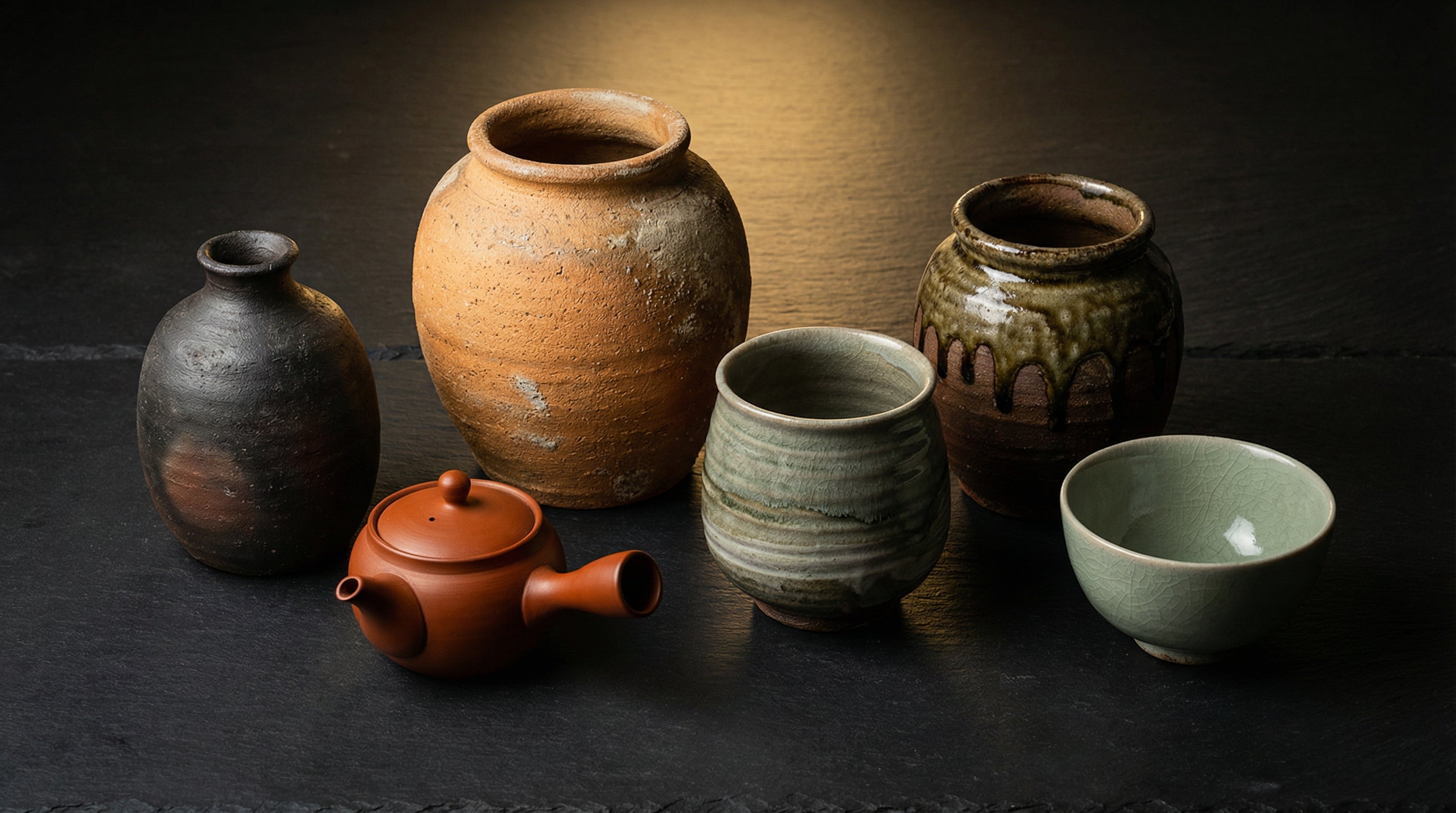 Six ancient Japanese pottery vessels arranged on a dark slate surface